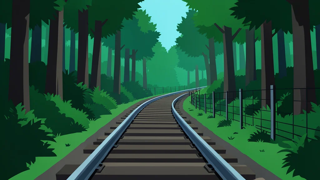 A steel railway track curving through a dense forest near a border fence