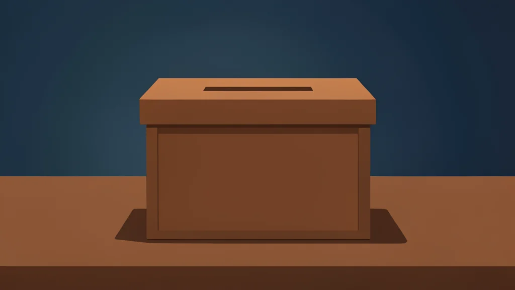 A wooden ballot box with a slot on top, sitting on a table in a dimly lit room.