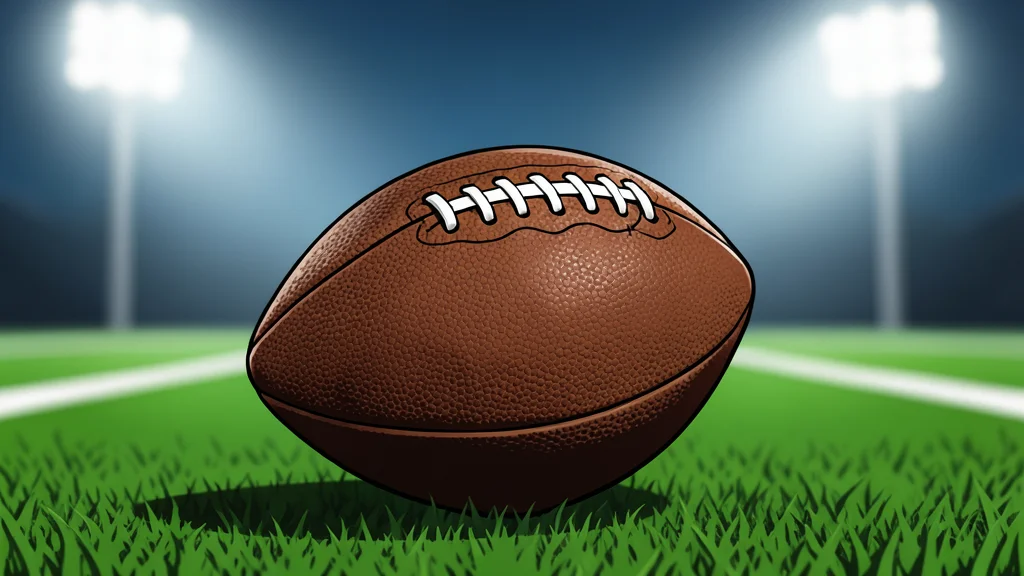 A flat-vector illustration of a green football field stretching into the distance under bright stadium lights.