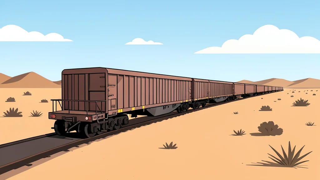 A long freight train moving through a dry, arid landscape with sparse vegetation