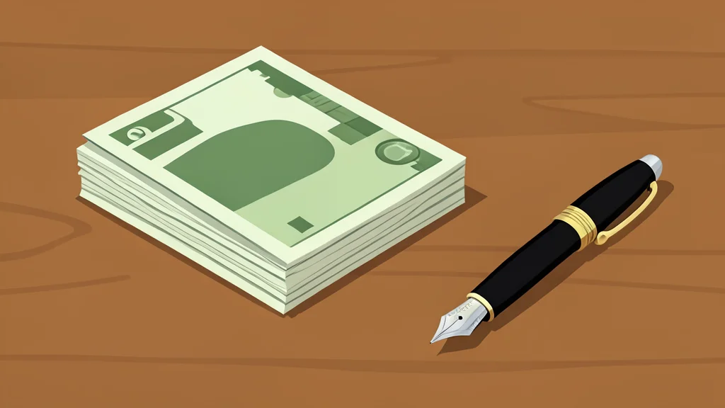 A stack of paper currency and a fountain pen resting on a wooden desk