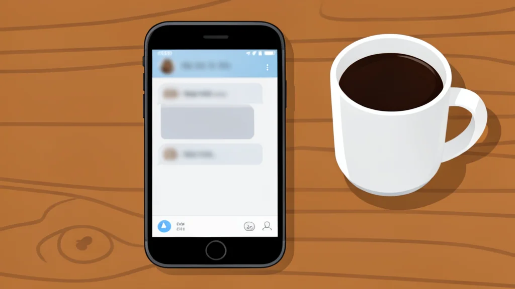 A smartphone displaying a generic chat interface with blurred message bubbles, resting on a wooden desk next to a coffee cup.