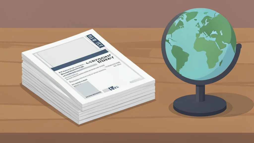 A stack of government bond certificates on a wooden desk beside a globe