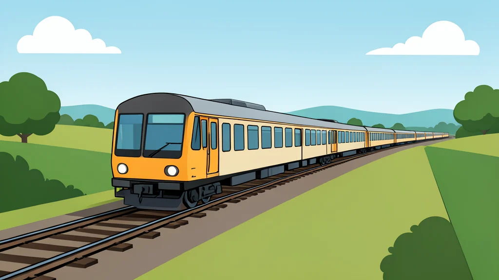 A long passenger train traveling along a railway track through a rural landscape