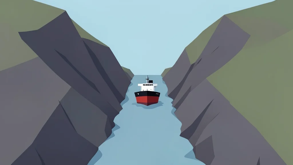 A narrow, rocky strait connecting two large landmasses with a single oil tanker navigating through the channel