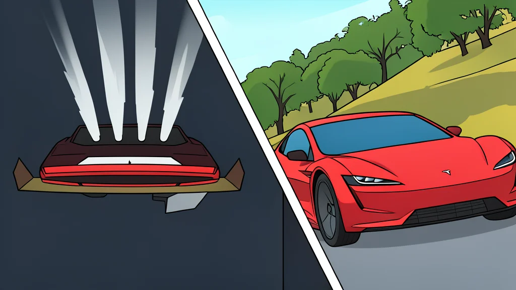A sleek, low-profile electric sports car silhouette with a large rear spoiler and small nozzle-like protrusions underneath the rear bumper