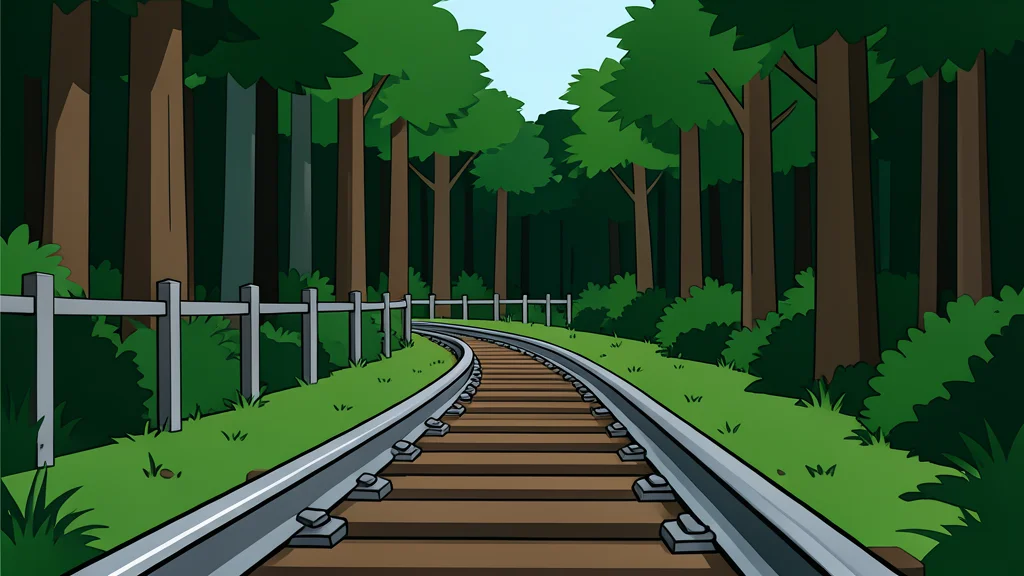 A steel railway track curving through a dense forest near a border fence