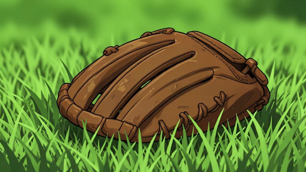 A worn leather baseball glove resting on a patch of green grass.