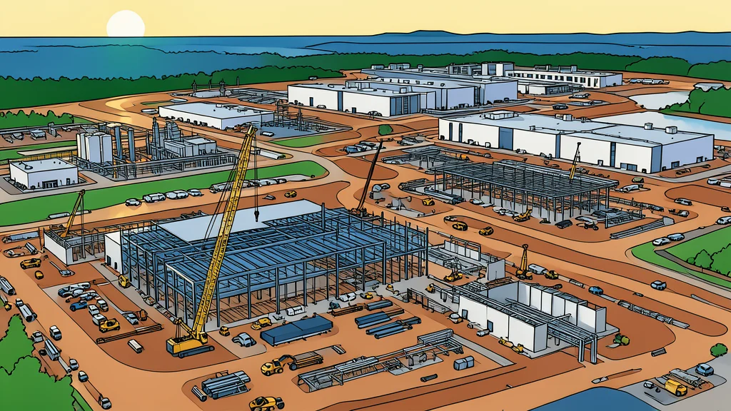 A large industrial factory building with a flat roof and loading docks, surrounded by a paved yard and sparse trees under a clear sky.