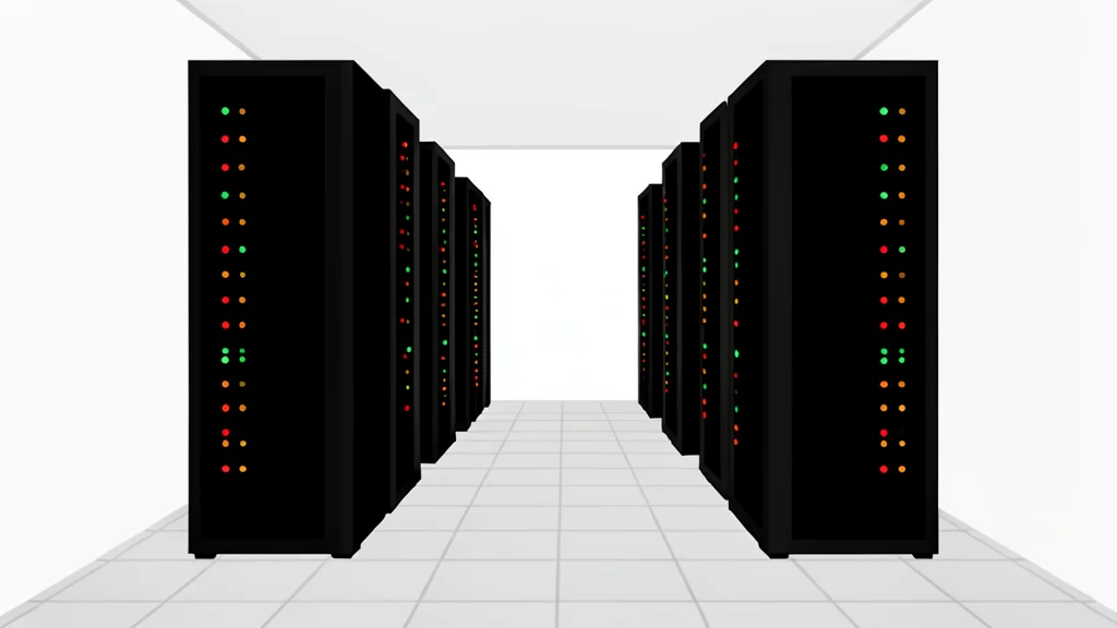 A server room with rows of black computer towers and blinking status lights