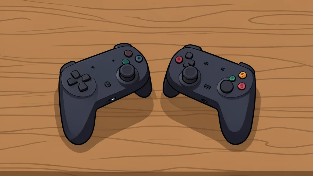 A pair of wireless gaming controllers resting on a wooden desk next to a closed laptop