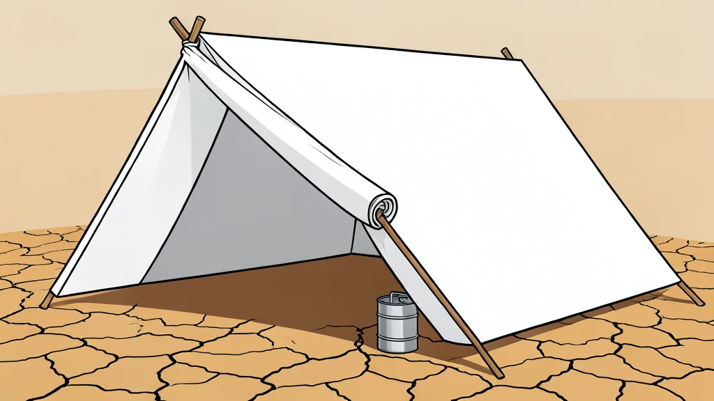 A cluster of white emergency relief tents arranged on dry, dusty earth under a bright, clear sky