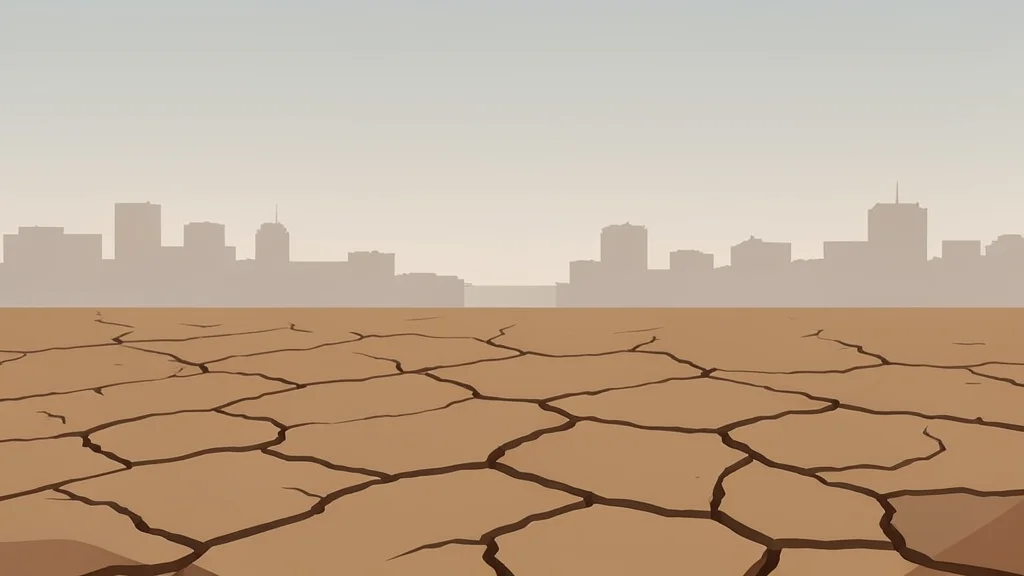 A dusty, cracked earth landscape under a hazy sky with distant silhouettes of buildings