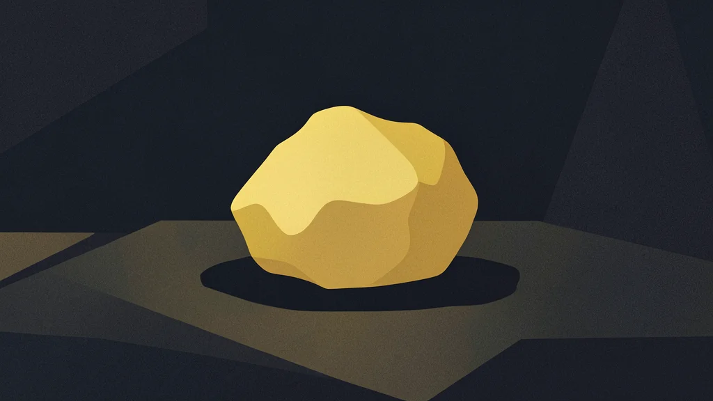 A rough, unrefined nugget of gold resting on a dark, textured surface