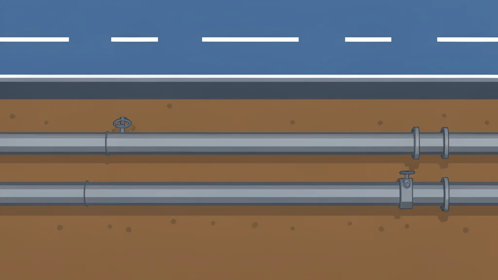 A cross-section of underground steel water pipes and concrete sewer lines running beneath a city street
