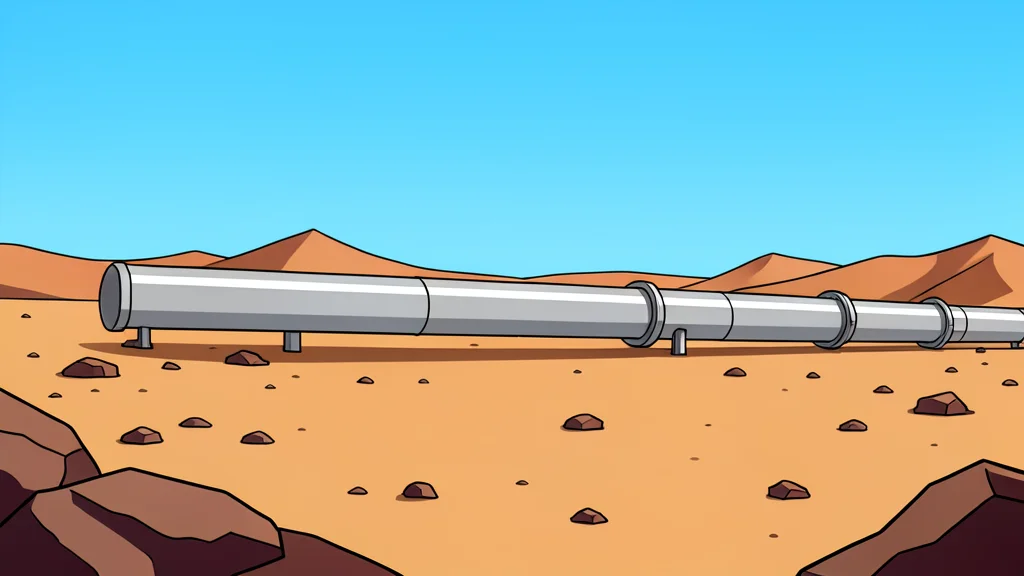 A long, metallic pipeline stretching across a dry, rocky desert landscape under a clear sky