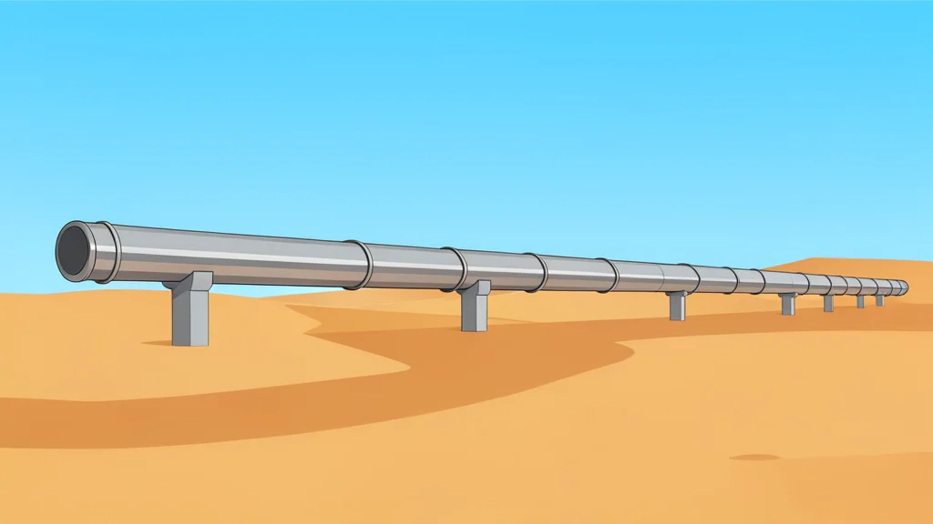 A long, metallic oil pipeline stretching across a dry, sandy desert landscape under a clear sky