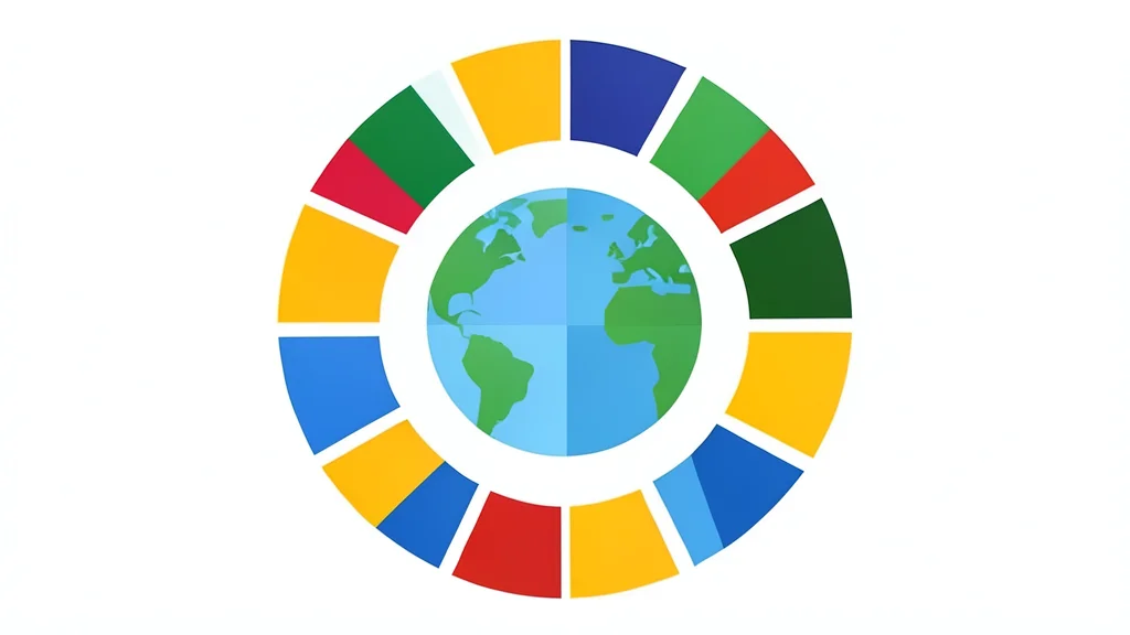 A cluster of diverse national flags arranged in a circle around a central globe