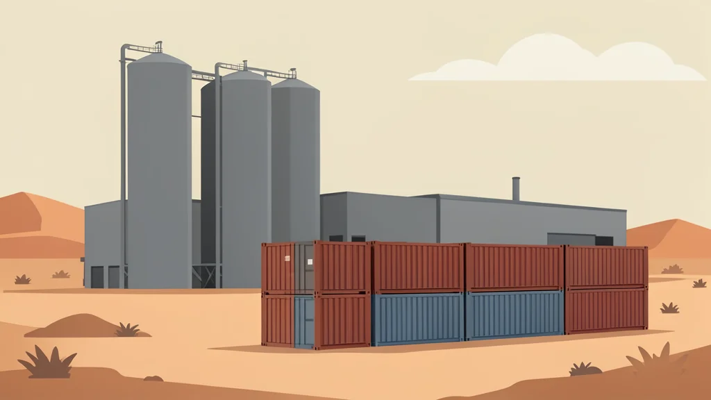 A large industrial warehouse with bulk grain silos and shipping containers in a dry, arid landscape