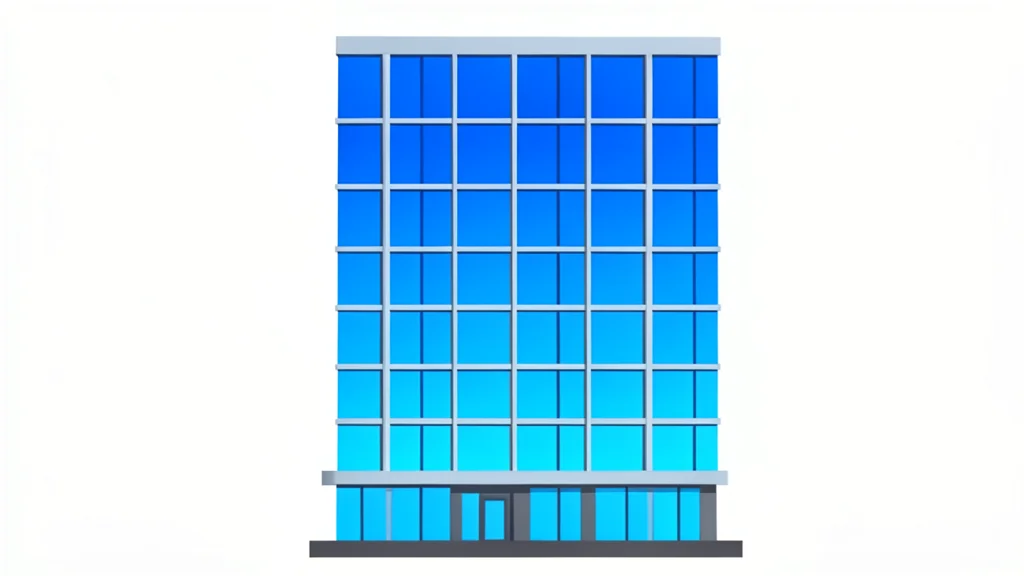 A modern glass office building with a grid of windows reflecting the sky
