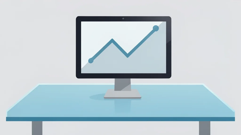 A polished glass trading desk with a computer monitor displaying a downward trending line graph