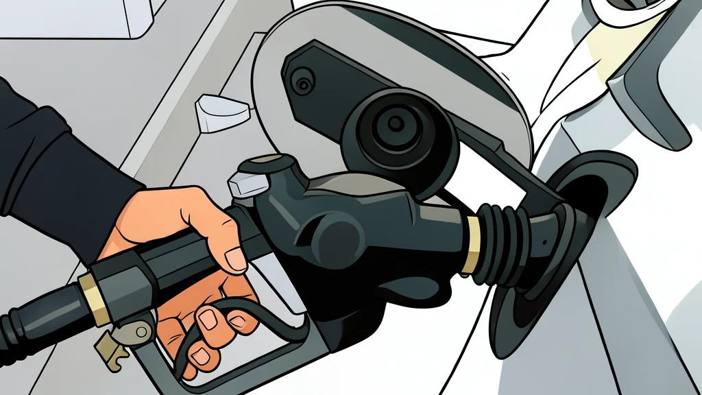 A fuel pump nozzle resting on a concrete surface next to a row of parked cars