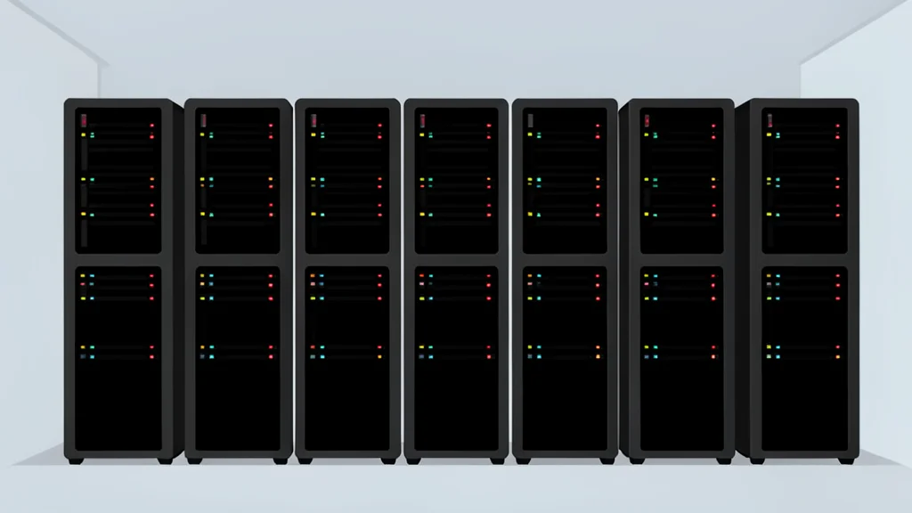 A server room with rows of black computer towers and blinking status lights
