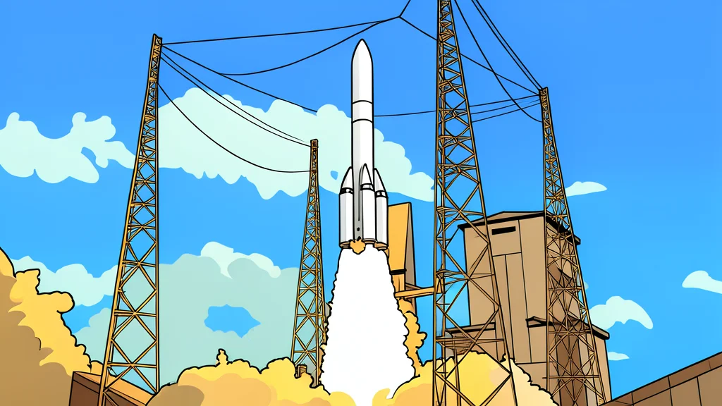 A white rocket standing vertically on a concrete launch pad surrounded by tropical vegetation