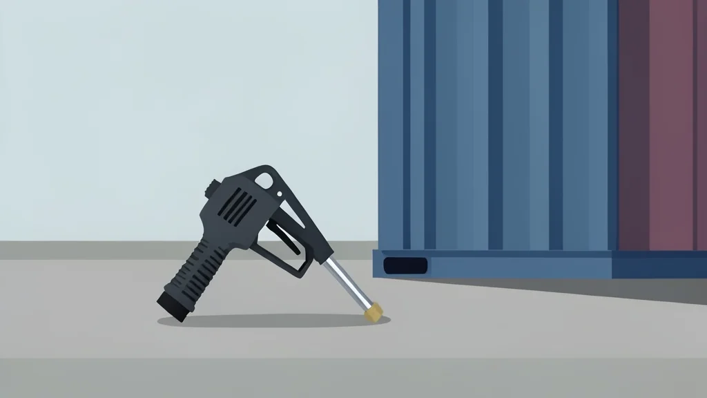 A fuel pump nozzle resting on a concrete surface next to a shipping container