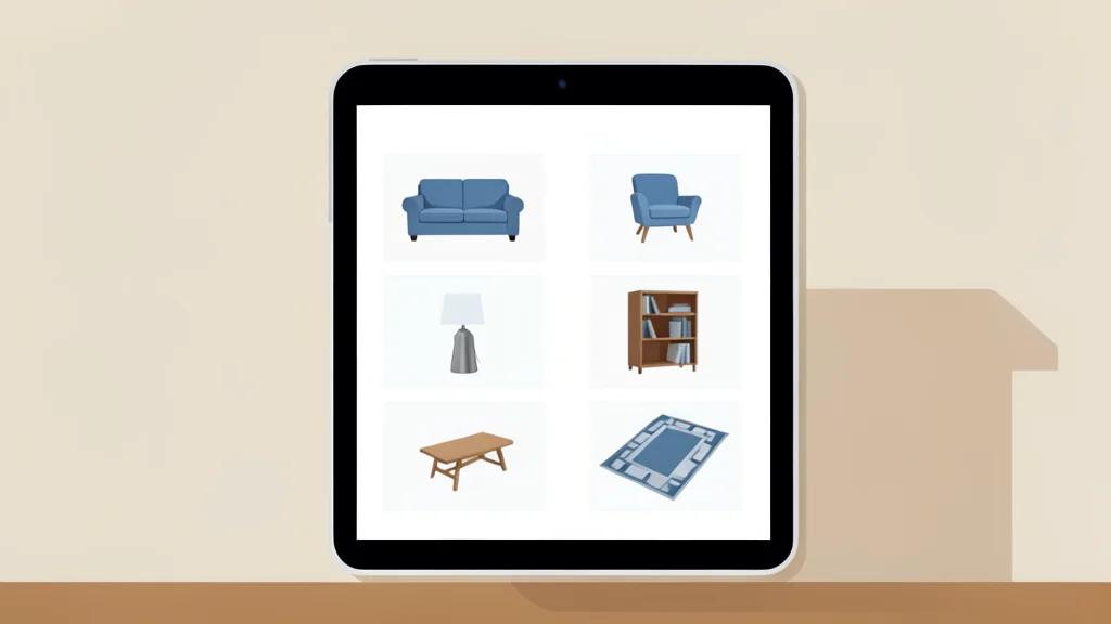 A modern online shopping interface displayed on a tablet screen, showing a grid of furniture product images