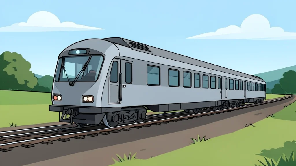 A steel passenger train car traveling on a railway track through a rural landscape