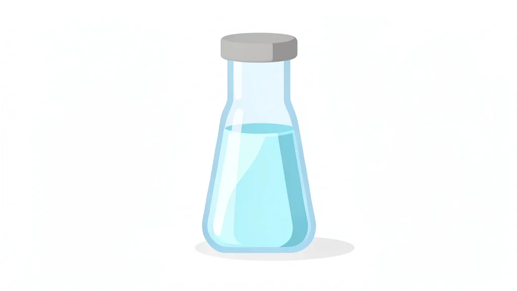 A glass vial containing a clear liquid standing on a white laboratory bench