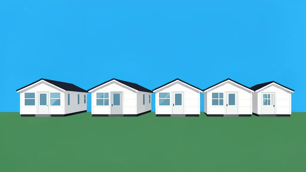 A row of identical mobile home units with white siding and dark roofs, set against a clear blue sky
