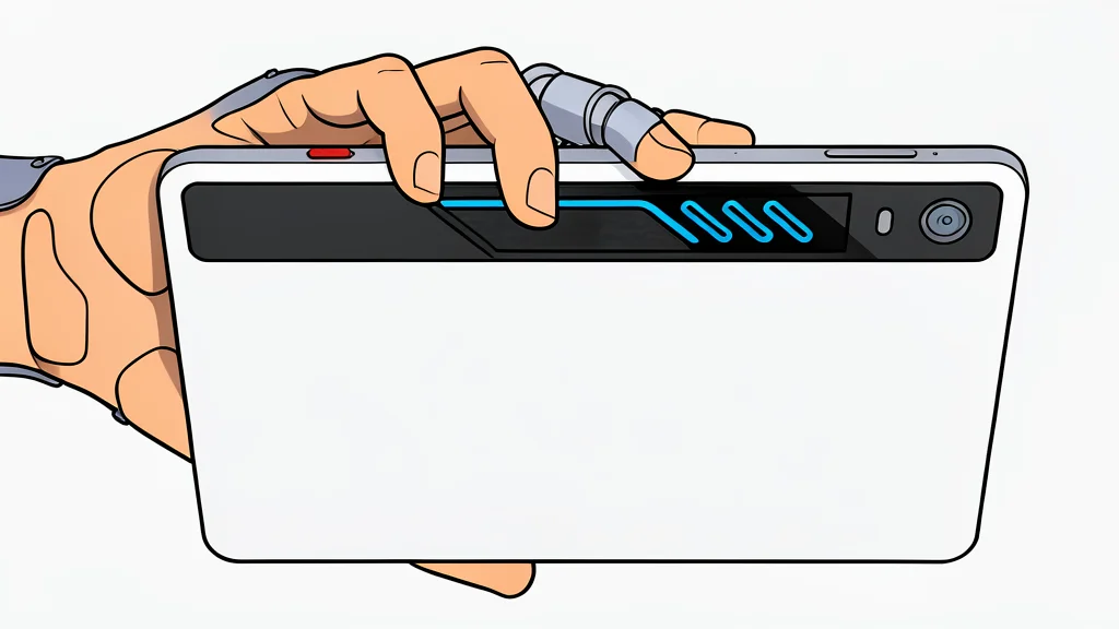 A sleek, rectangular tablet device with a glowing blue internal cooling loop visible through a transparent back panel, resting on a dark surface.