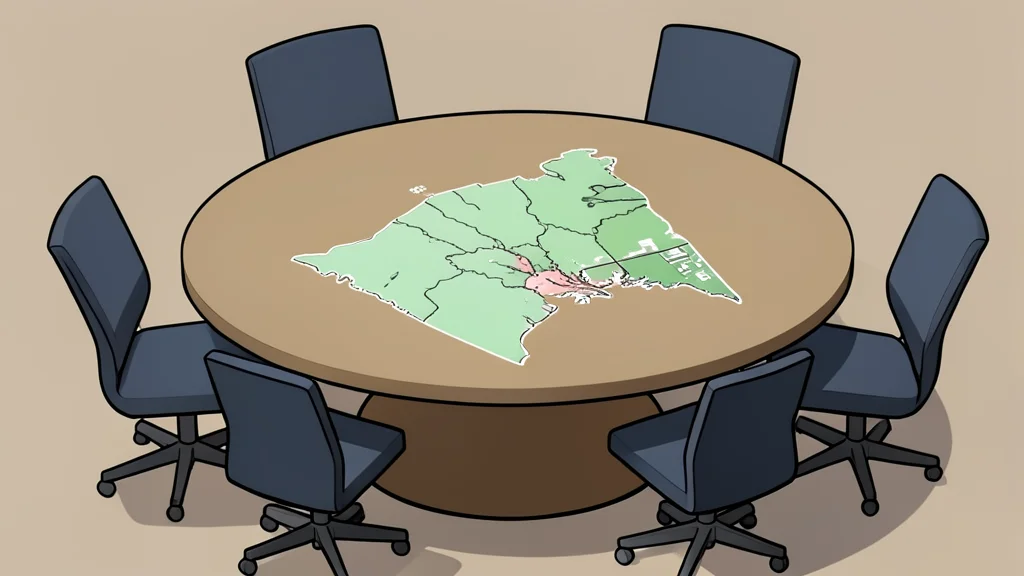 A diplomatic round table with empty chairs and a map of the Great Lakes region