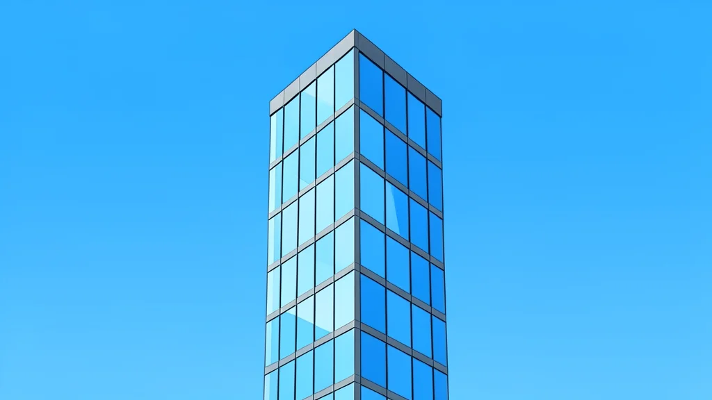 A modern glass skyscraper facade reflecting a clear blue sky