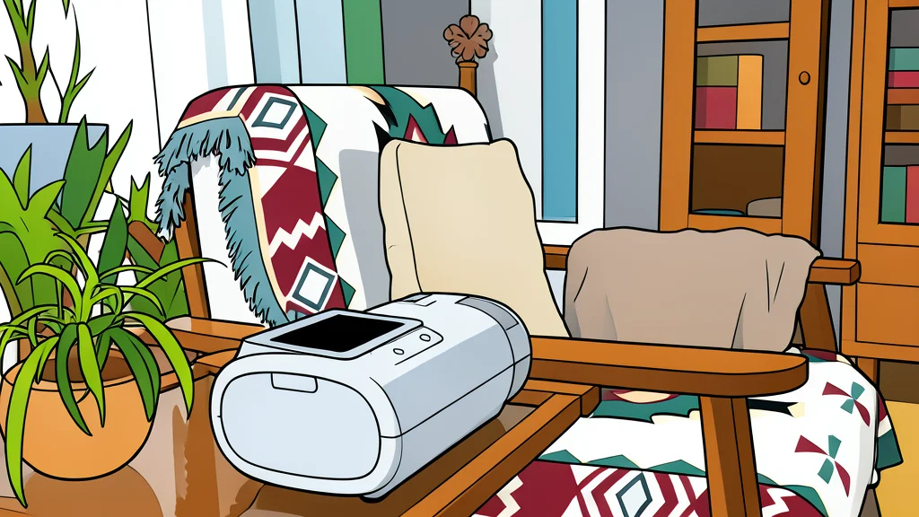 A white medical device with a soft mask resting on a bedside table next to a sleeping person
