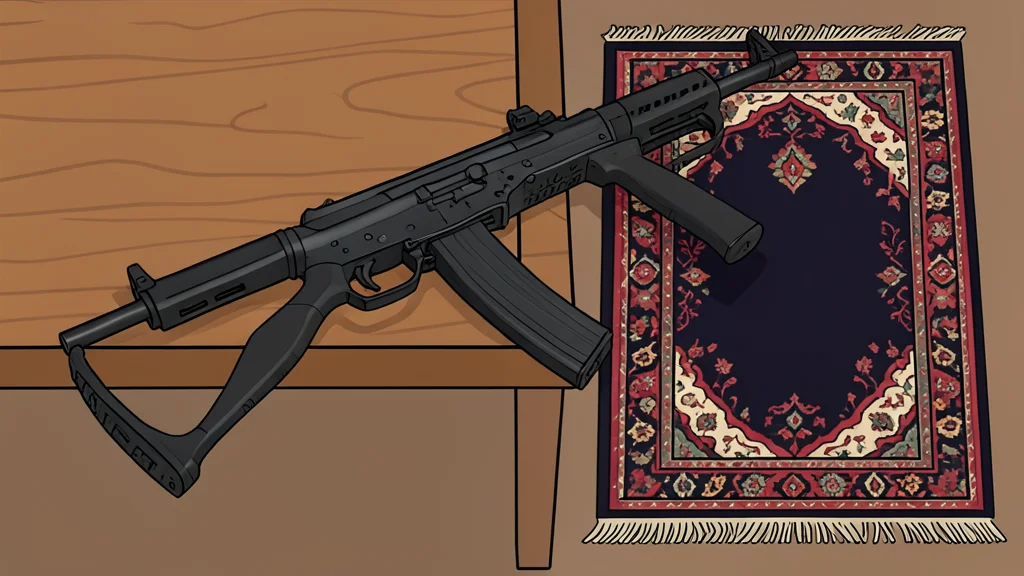 A semiautomatic rifle resting on a wooden table next to a prayer rug
