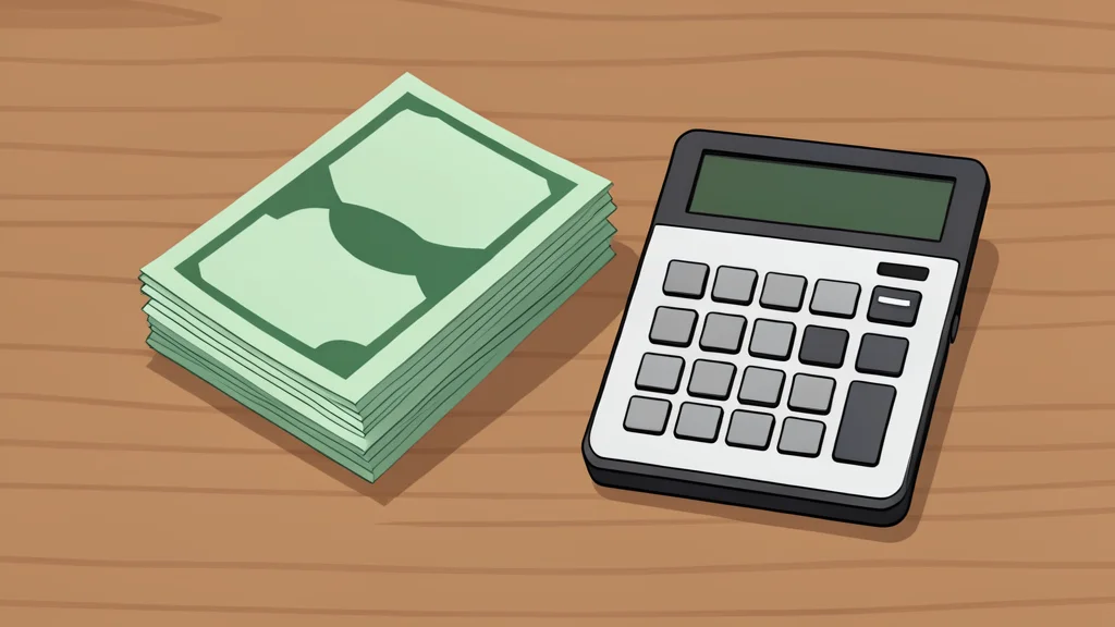 A stack of paper currency bills and a calculator on a wooden desk