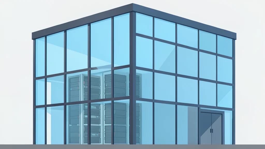 A modern glass office building with a server room visible through the windows