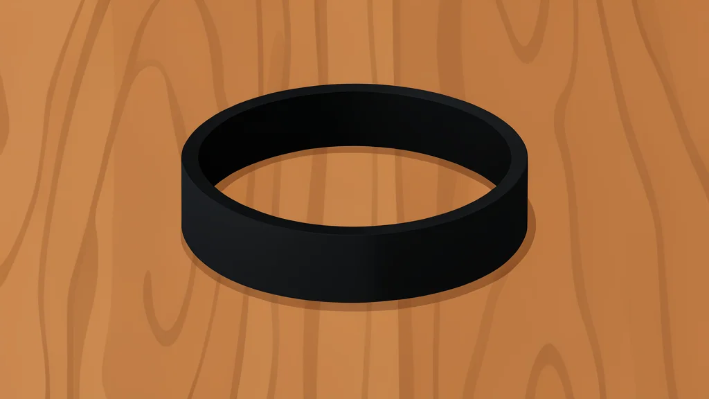 A sleek, matte black wristband with a smooth, seamless surface and no visible buttons or display, resting on a textured wooden surface.