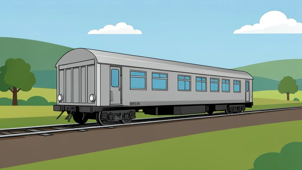 A steel passenger train car traveling on a railway track through a rural landscape