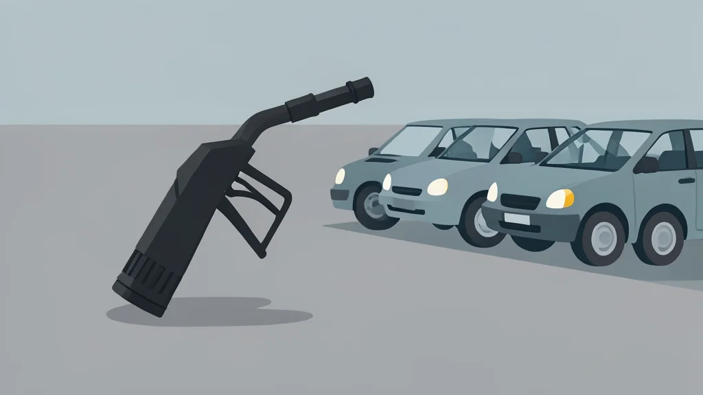 A single fuel pump nozzle resting on a concrete surface next to a row of parked cars