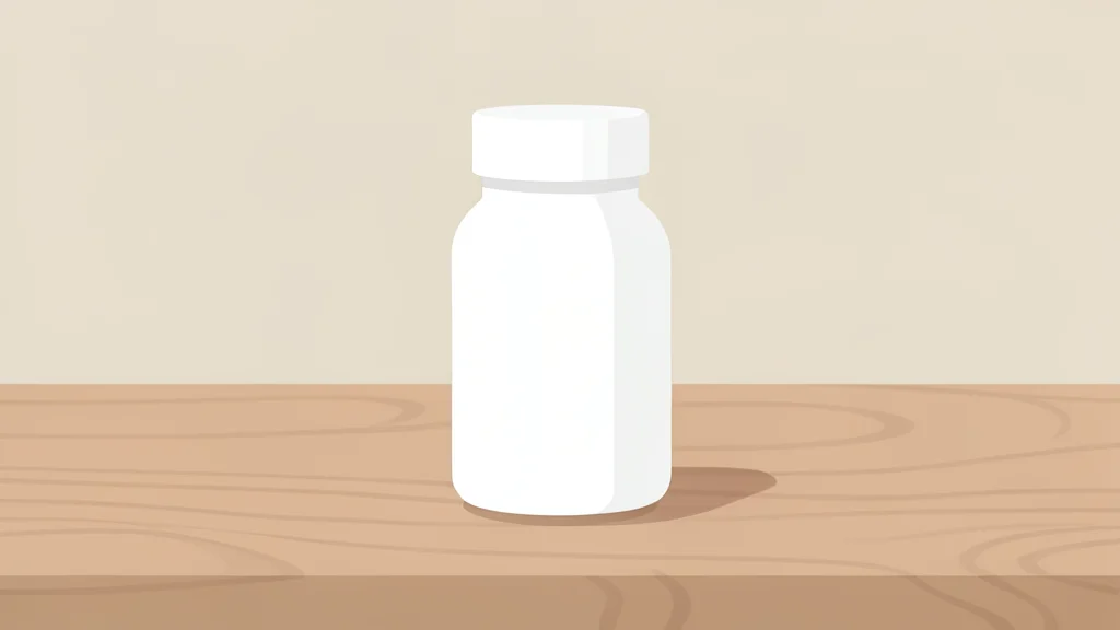 A white ceramic pill bottle with a plain white cap sitting on a wooden desk surface
