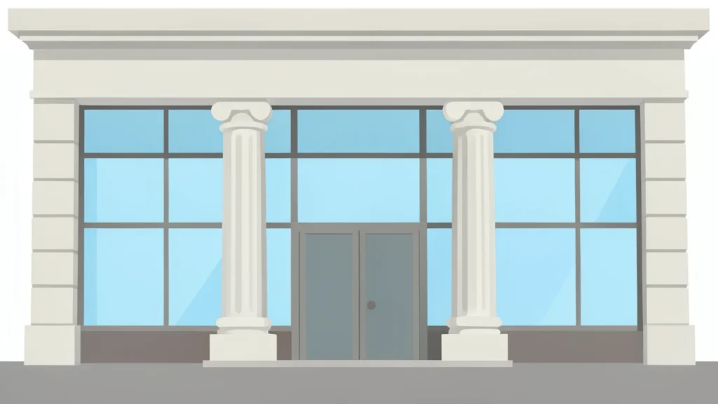 A traditional bank building facade with large glass windows and stone columns