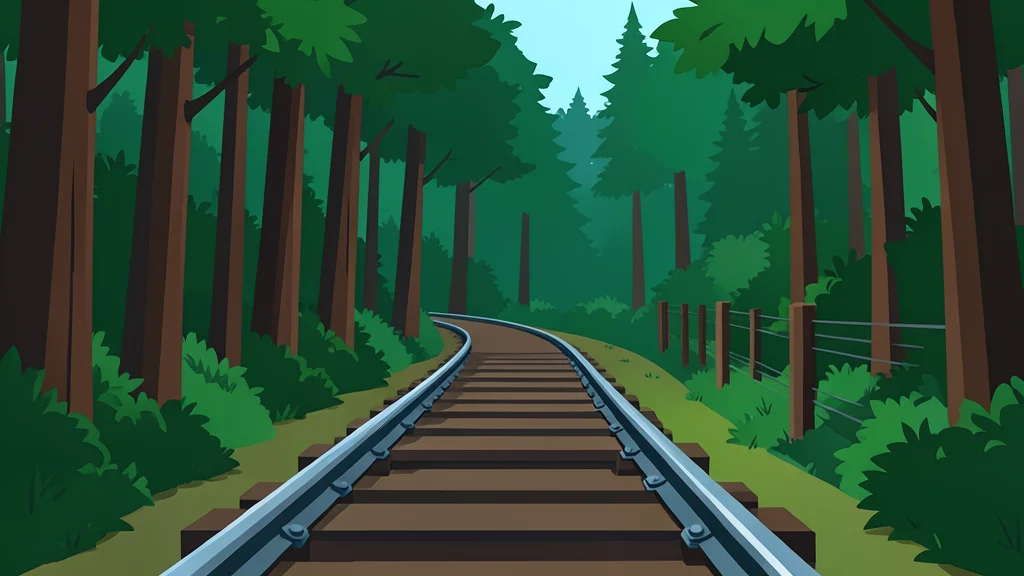A steel railway track curving through a dense forest near a border fence