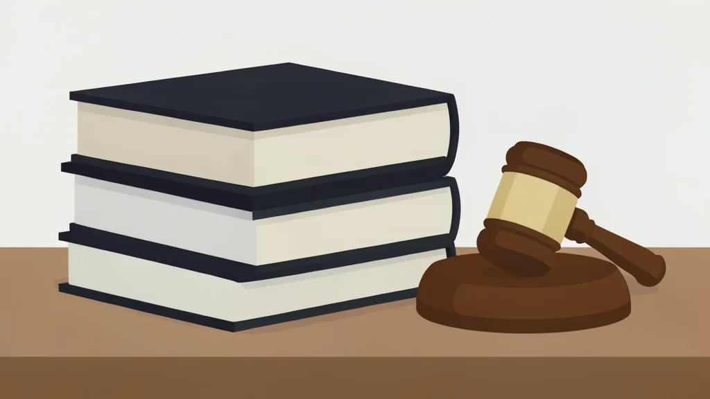 A stack of bound legal documents and a gavel on a wooden desk