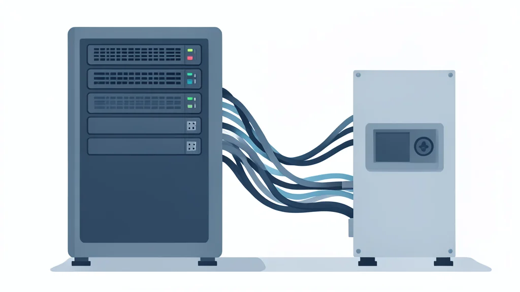 A complex network of fiber optic cables connecting a server rack to a cryogenic cooling unit