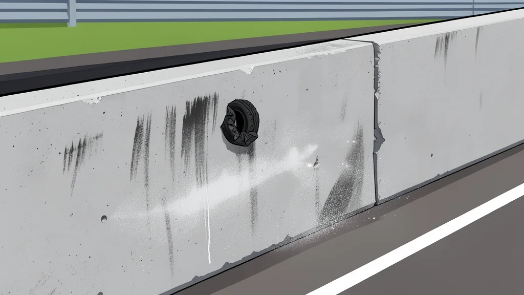 A long, straight stretch of asphalt racing track bordered by concrete retaining walls and safety barriers.