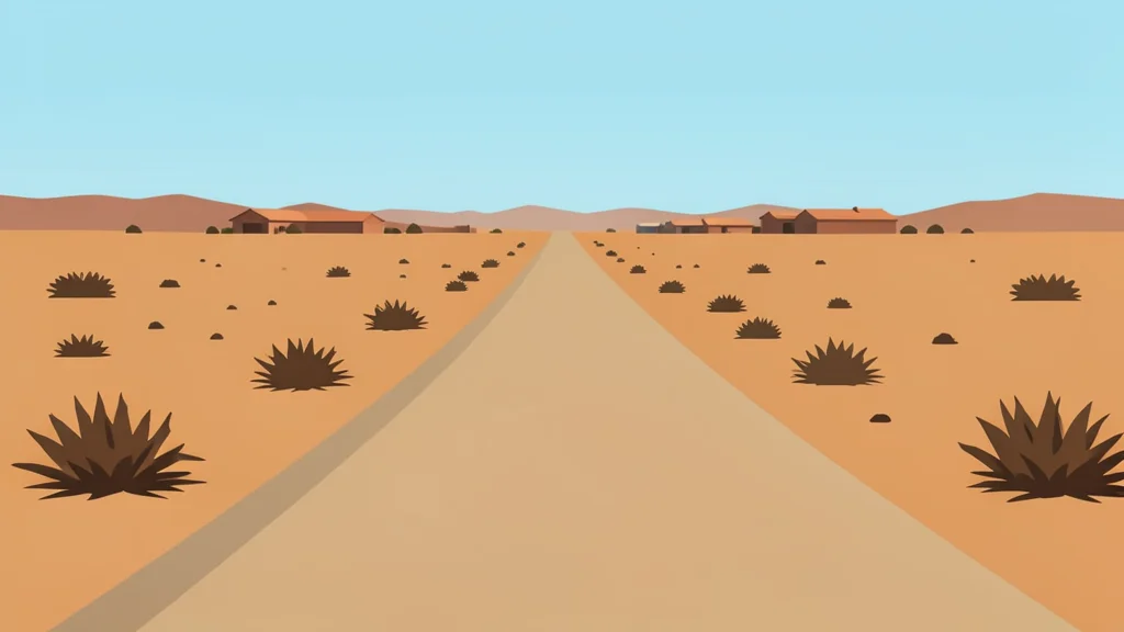 A dusty, unpaved road stretching through a dry, arid landscape with sparse vegetation and distant, low-lying structures.